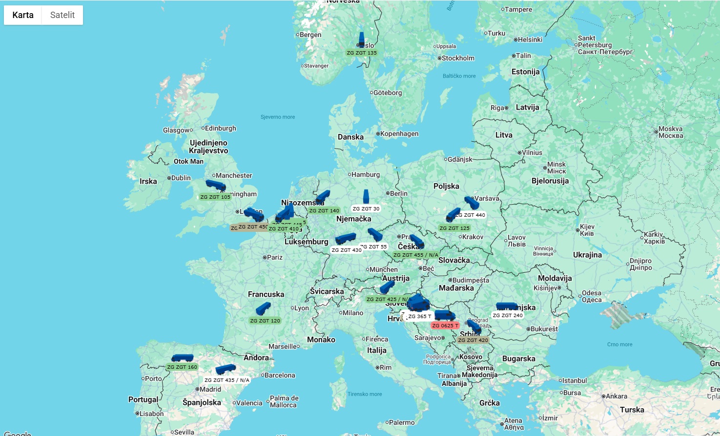 Karta Europe s označenim aktivnim lokacijama kamiona Zagrebačkih transporta